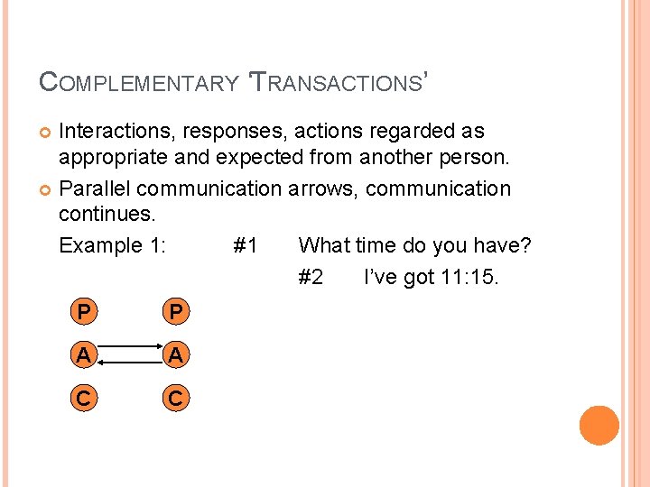 COMPLEMENTARY ‘TRANSACTIONS’ Interactions, responses, actions regarded as appropriate and expected from another person. Parallel