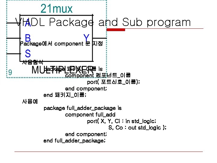 VHDL Package and Sub program Package에서 component 문 지정 사용형식 package 패키지_이름 is component VHDL Package and Sub program Package에서 component 문 지정 사용형식 package 패키지_이름 is component