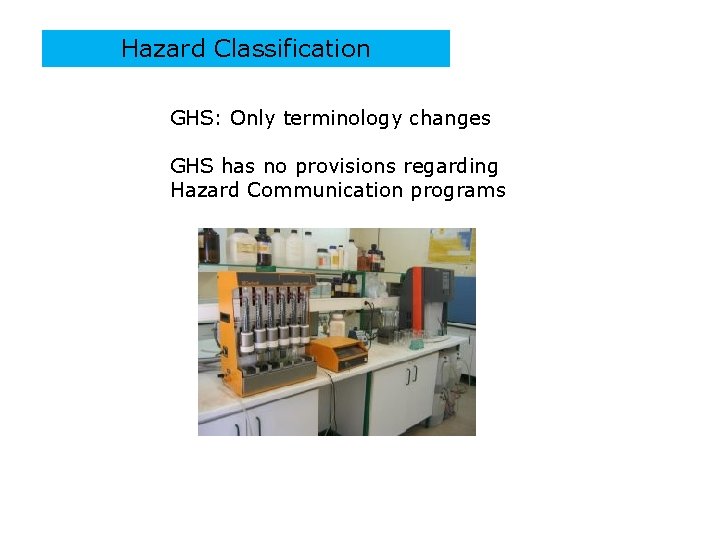 Hazard Classification GHS: Only terminology changes GHS has no provisions regarding Hazard Communication programs