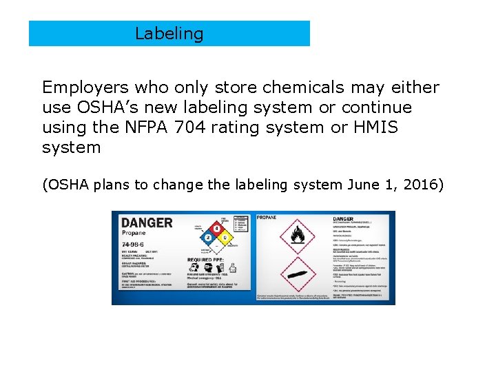 Labeling Employers who only store chemicals may either use OSHA’s new labeling system or