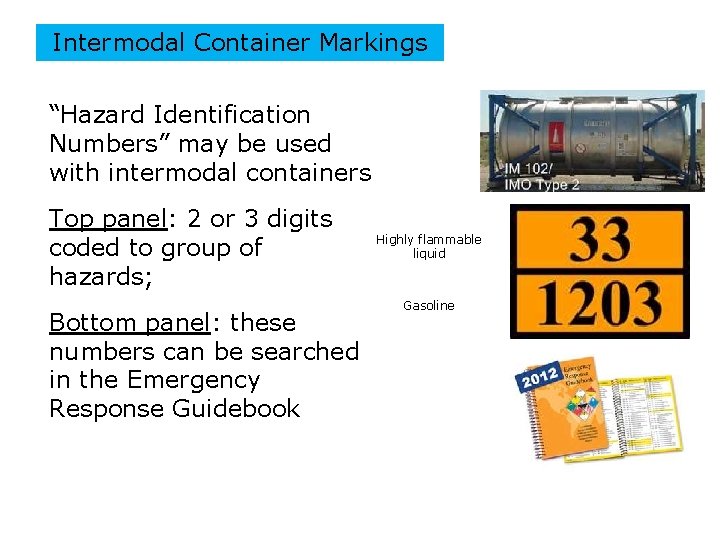 Intermodal Container Markings “Hazard Identification Numbers” may be used with intermodal containers Top panel: