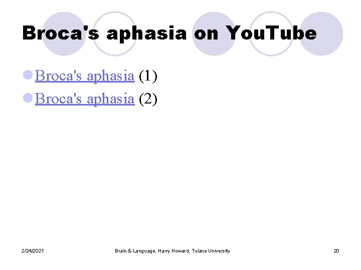 Broca's aphasia on You. Tube l Broca's aphasia (1) l Broca's aphasia (2) 2/24/2021