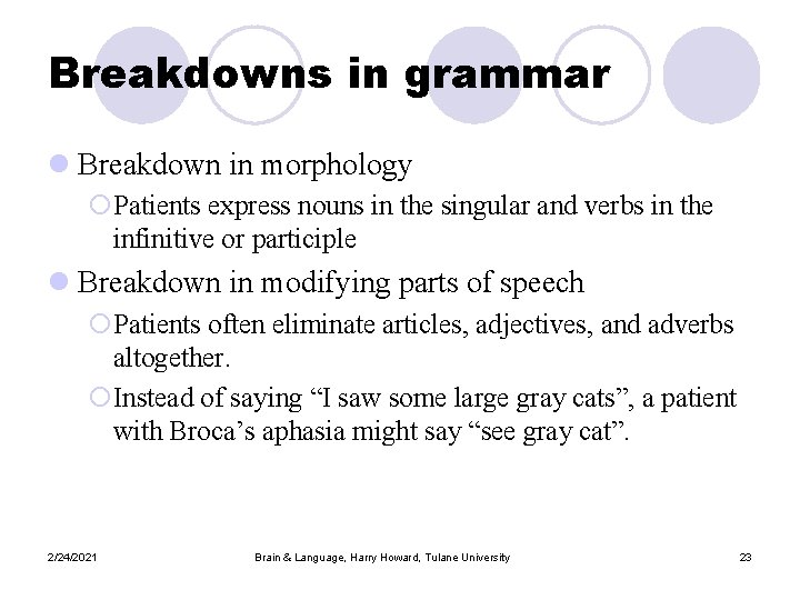 Breakdowns in grammar l Breakdown in morphology ¡Patients express nouns in the singular and