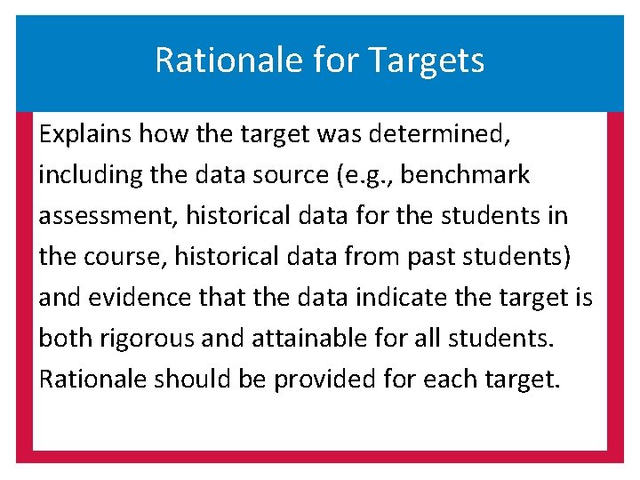 Rationale for Targets Explains how the target was determined, including the data source (e.