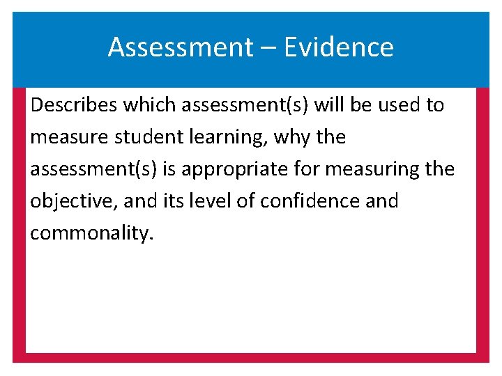 Assessment – Evidence Describes which assessment(s) will be used to measure student learning, why