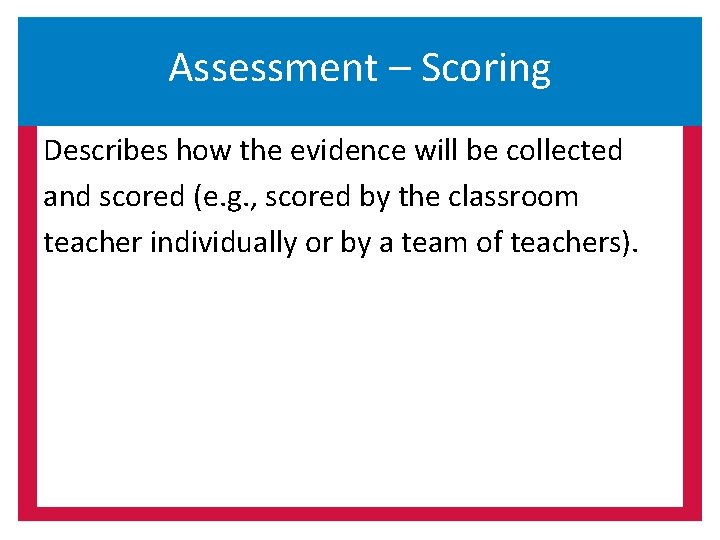 Assessment – Scoring Describes how the evidence will be collected and scored (e. g.