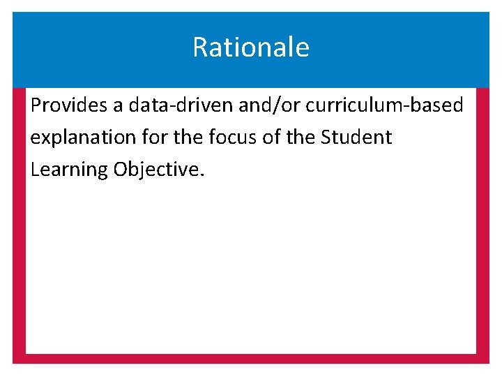 Rationale Provides a data-driven and/or curriculum-based explanation for the focus of the Student Learning