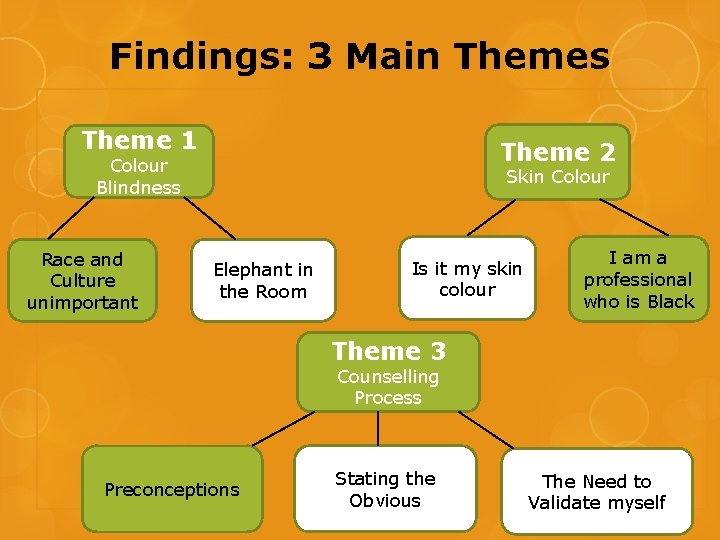 Findings: 3 Main Themes Theme 1 Theme 2 Colour Blindness Race and Culture unimportant