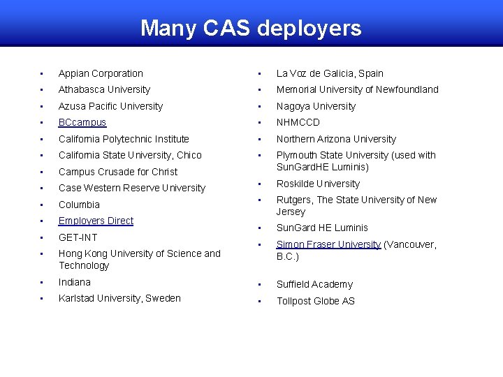 Many CAS deployers • Appian Corporation • La Voz de Galicia, Spain • Athabasca