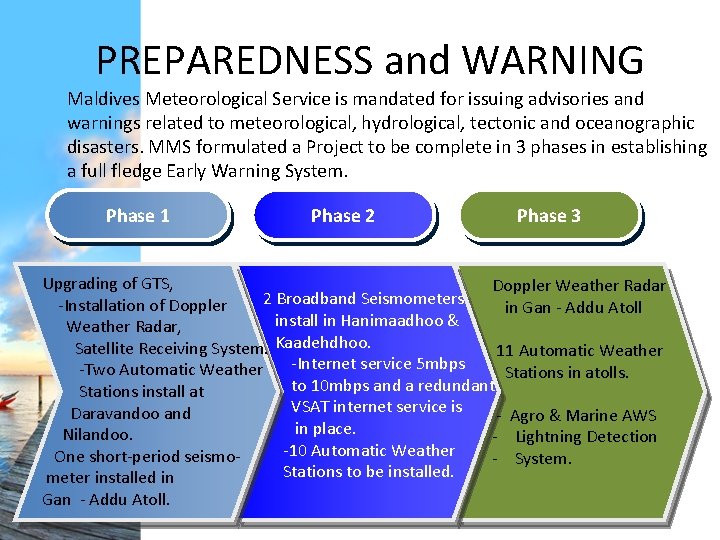PREPAREDNESS and WARNING Maldives Meteorological Service is mandated for issuing advisories and warnings related