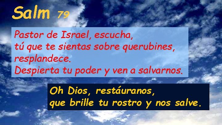 Salm 79 Pastor de Israel, escucha, tú que te sientas sobre querubines, resplandece. Despierta