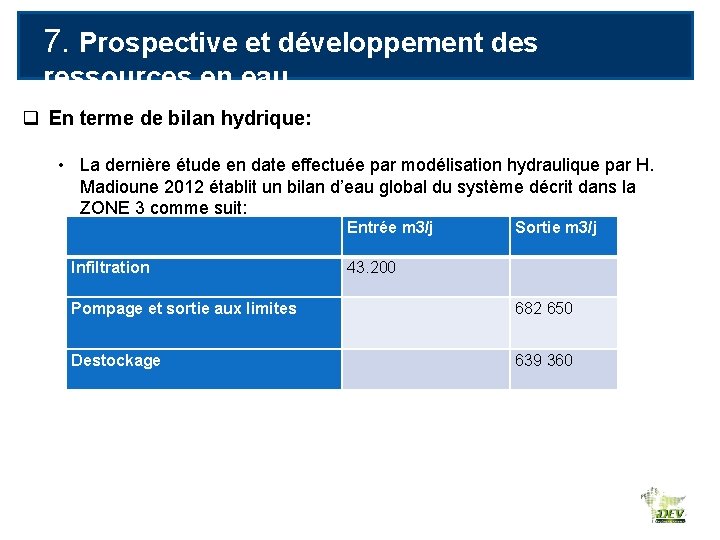 7. Prospective et développement des ressources en eau q En terme de bilan hydrique: