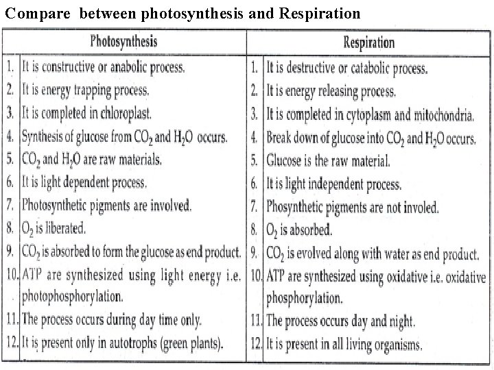 Compare between photosynthesis and Respiration 