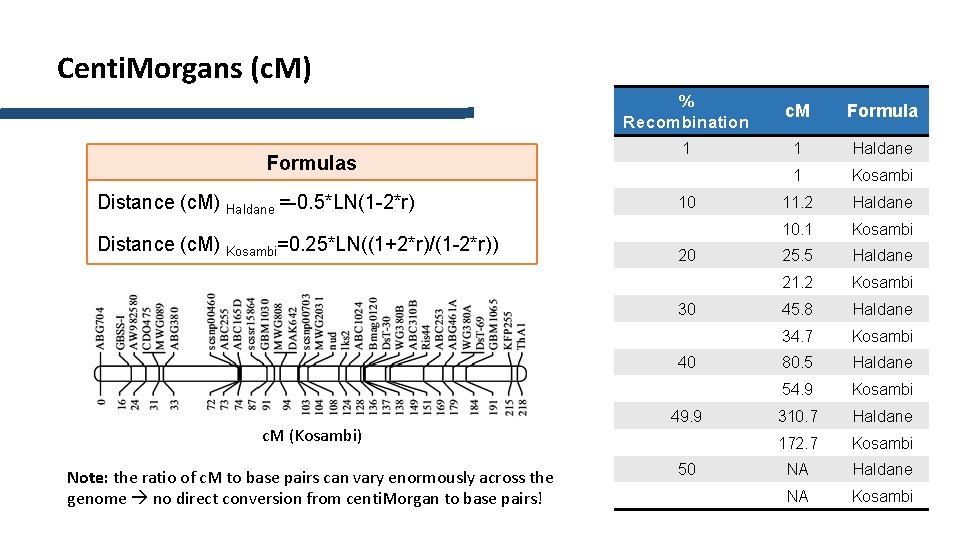 Centi. Morgans (c. M) Formulas Distance (c. M) Haldane =-0. 5*LN(1 -2*r) Distance (c. Centi. Morgans (c. M) Formulas Distance (c. M) Haldane =-0. 5*LN(1 -2*r) Distance (c.