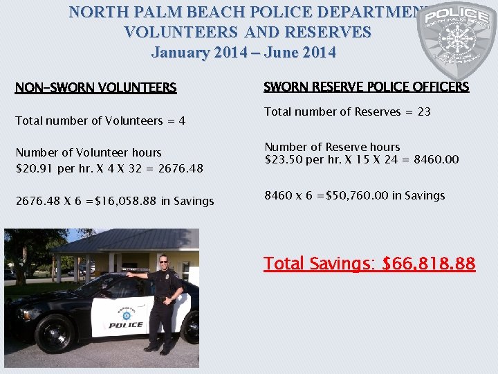 NORTH PALM BEACH POLICE DEPARTMENT VOLUNTEERS AND RESERVES January 2014 – June 2014 NON-SWORN