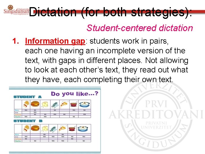 Dictation (for both strategies): Student-centered dictation 1. Information gap: students work in pairs, each