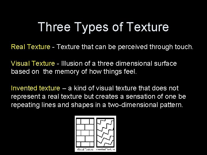 Three Types of Texture Real Texture - Texture that can be perceived through touch.