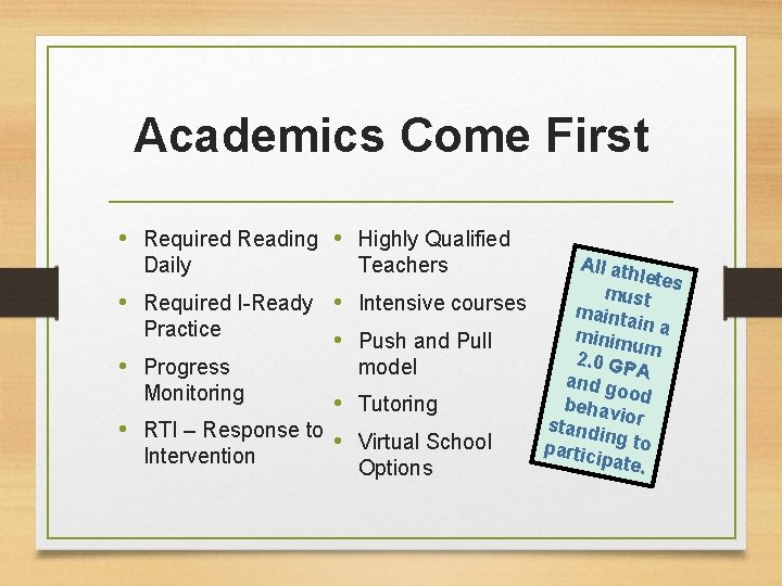 Academics Come First • Required Reading • Highly Qualified Daily • Required I-Ready •