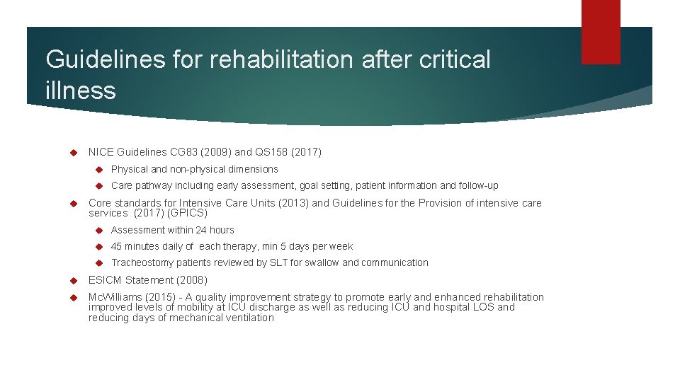 Guidelines for rehabilitation after critical illness NICE Guidelines CG 83 (2009) and QS 158