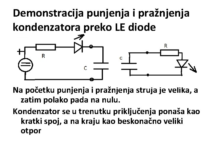 Demonstracija punjenja i pražnjenja kondenzatora preko LE diode Na početku punjenja i pražnjenja struja