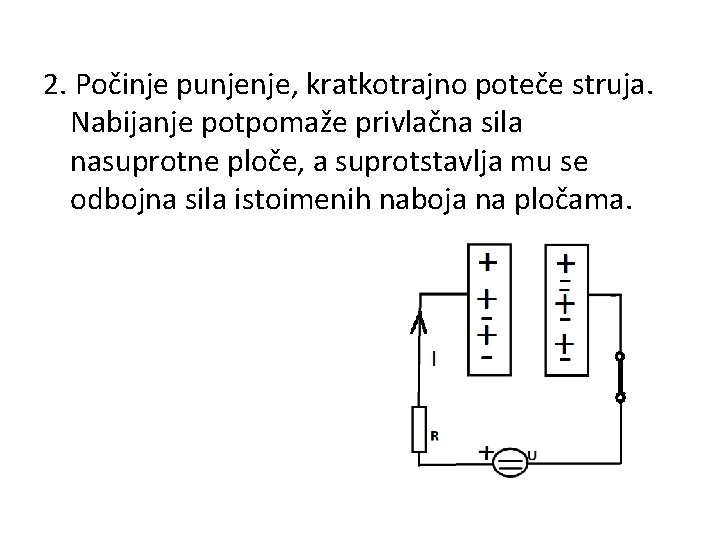 2. Počinje punjenje, kratkotrajno poteče struja. Nabijanje potpomaže privlačna sila nasuprotne ploče, a suprotstavlja