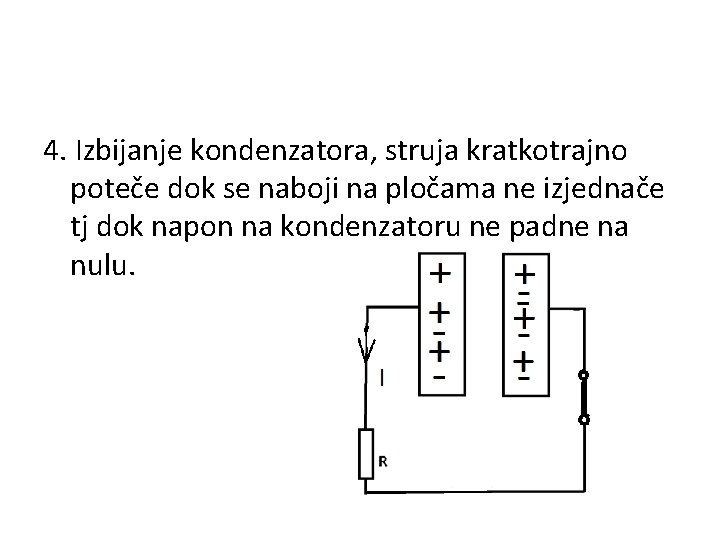 4. Izbijanje kondenzatora, struja kratkotrajno poteče dok se naboji na pločama ne izjednače tj