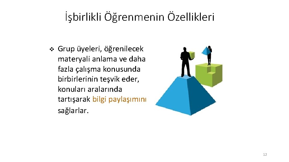 İşbirlikli Öğrenmenin Özellikleri v Grup üyeleri, öğrenilecek materyali anlama ve daha fazla çalışma konusunda