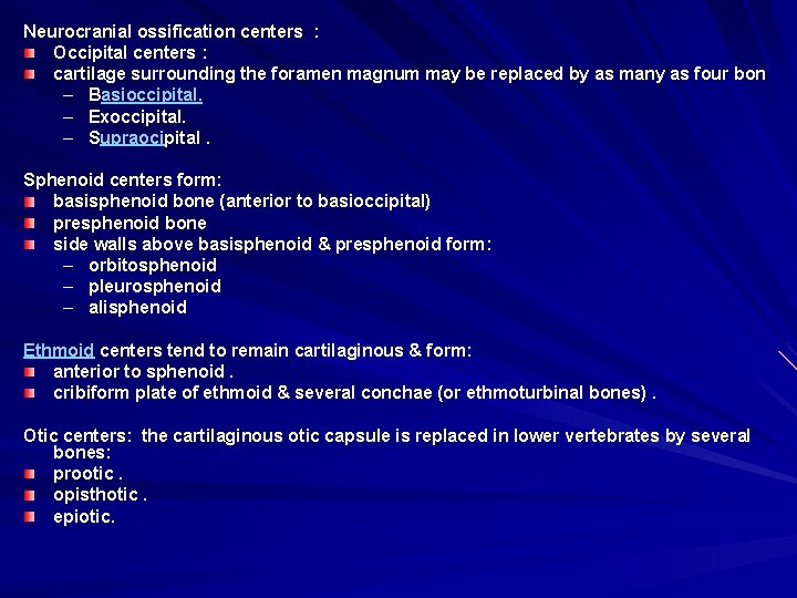 Neurocranial ossification centers : Occipital centers : cartilage surrounding the foramen magnum may be