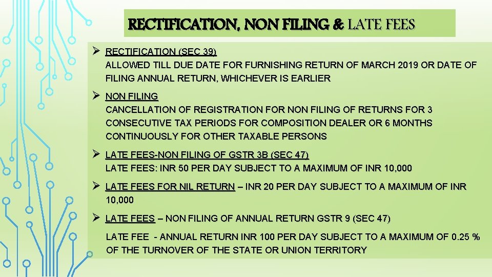 RECTIFICATION, NON FILING & LATE FEES Ø RECTIFICATION (SEC 39) ALLOWED TILL DUE DATE