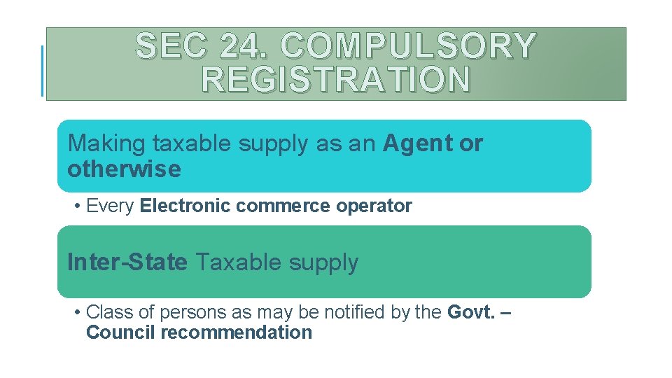 SEC 24. COMPULSORY REGISTRATION Making taxable supply as an Agent or otherwise • Every