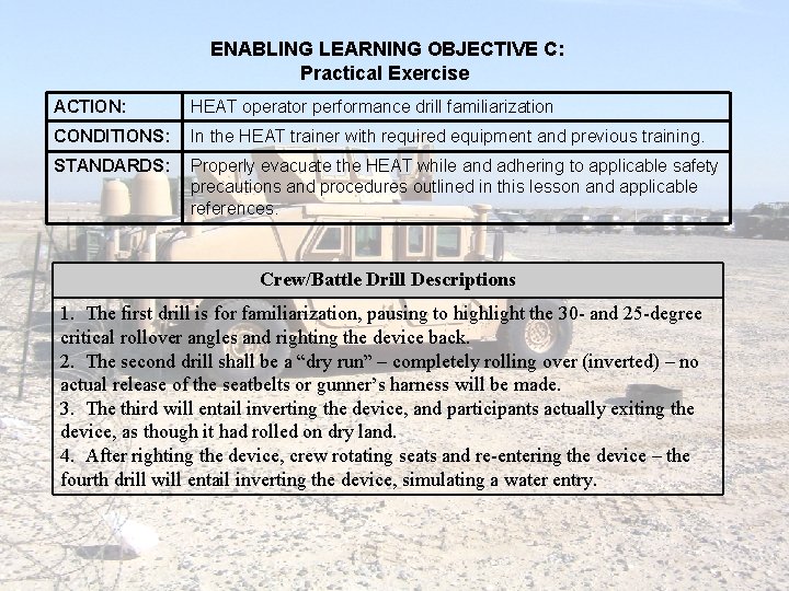 ENABLING LEARNING OBJECTIVE C: Practical Exercise ACTION: HEAT operator performance drill familiarization CONDITIONS: In