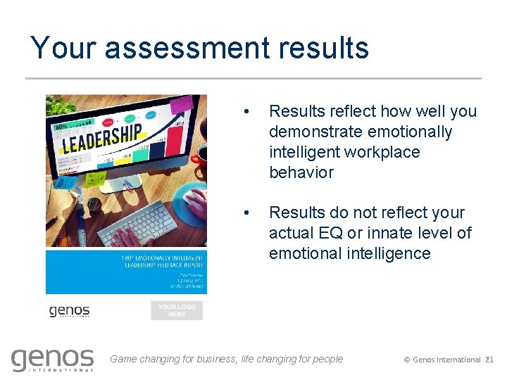 Your assessment results • Results reflect how well you demonstrate emotionally intelligent workplace behavior