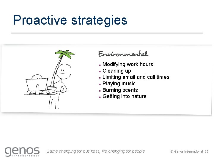Proactive strategies ○ Modifying work hours ○ Cleaning up ○ Limiting email and call