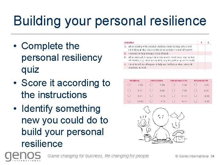 Building your personal resilience • Complete the personal resiliency quiz • Score it according