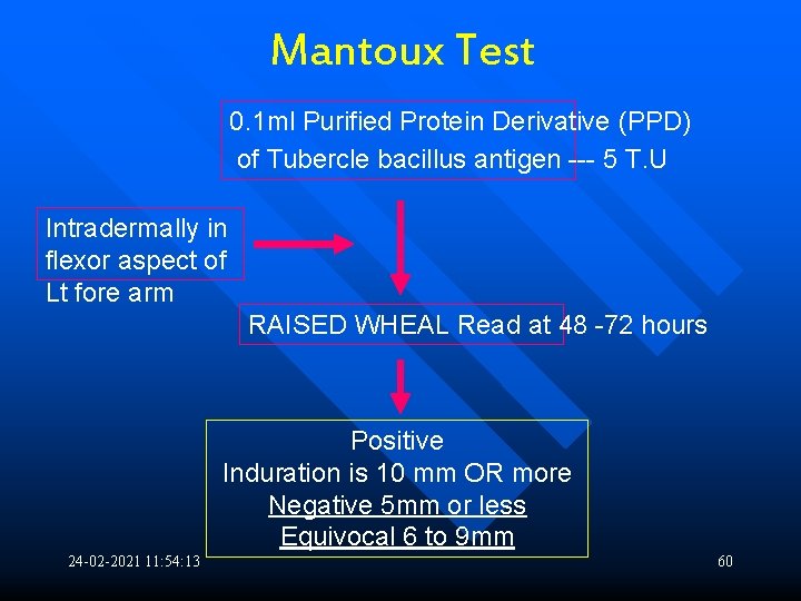 Mantoux Test 0. 1 ml Purified Protein Derivative (PPD) of Tubercle bacillus antigen ---