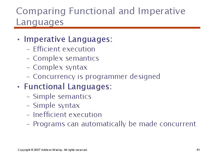 Comparing Functional and Imperative Languages • Imperative Languages: – – Efficient execution Complex semantics