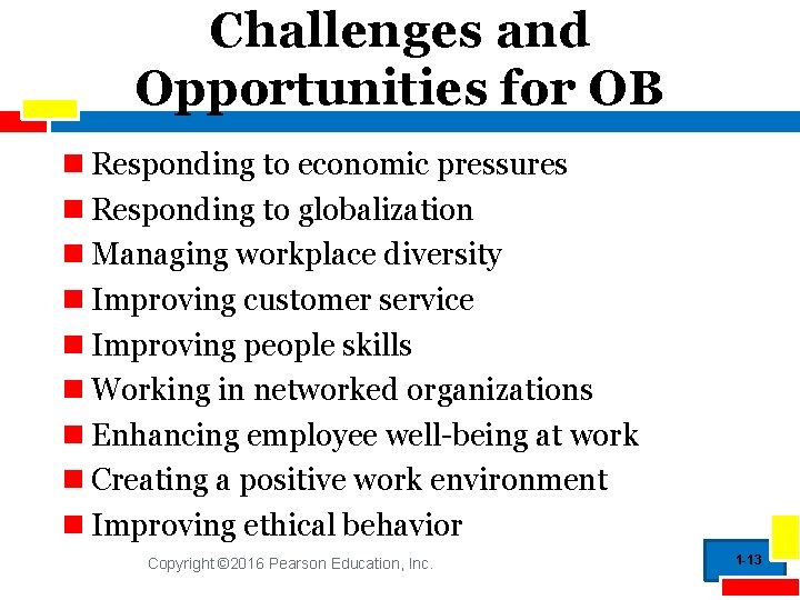 Challenges and Opportunities for OB Responding to economic pressures Responding to globalization Managing workplace