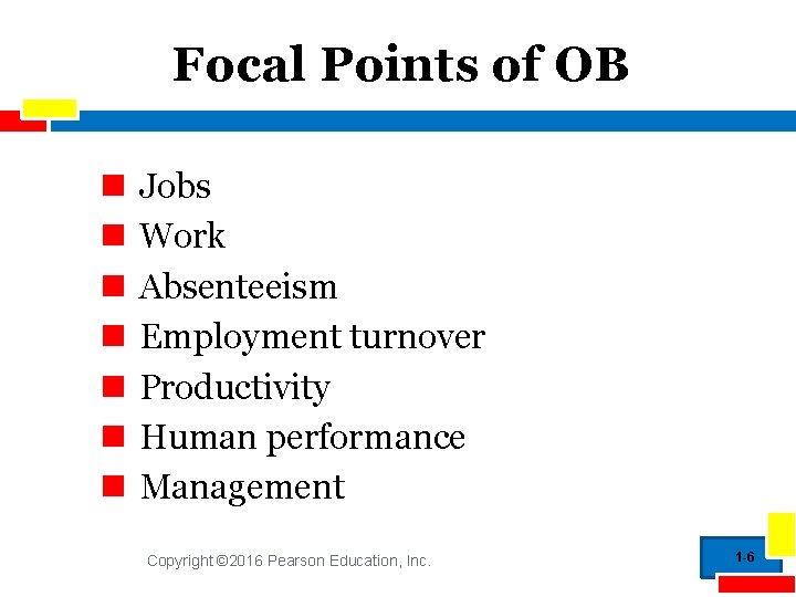 Focal Points of OB Jobs Work Absenteeism Employment turnover Productivity Human performance Management Copyright