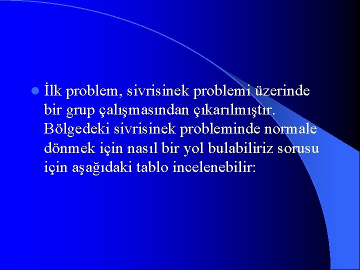 l İlk problem, sivrisinek problemi üzerinde bir grup çalışmasından çıkarılmıştır. Bölgedeki sivrisinek probleminde normale