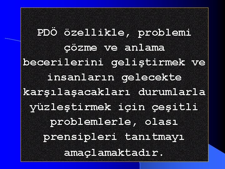 PDÖ özellikle, problemi çözme ve anlama becerilerini geliştirmek ve insanların gelecekte karşılaşacakları durumlarla yüzleştirmek