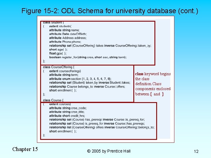 Figure 15 -2: ODL Schema for university database (cont. ) class keyword begins the