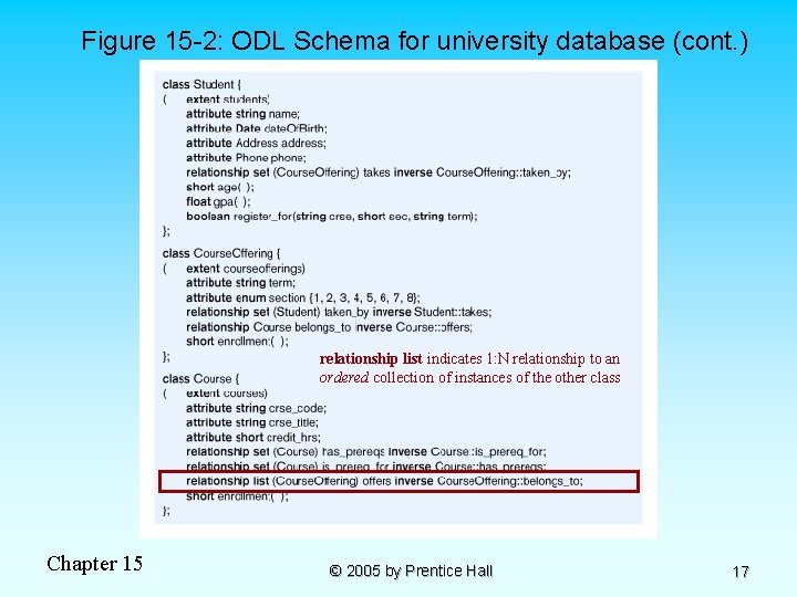 Figure 15 -2: ODL Schema for university database (cont. ) relationship list indicates 1: