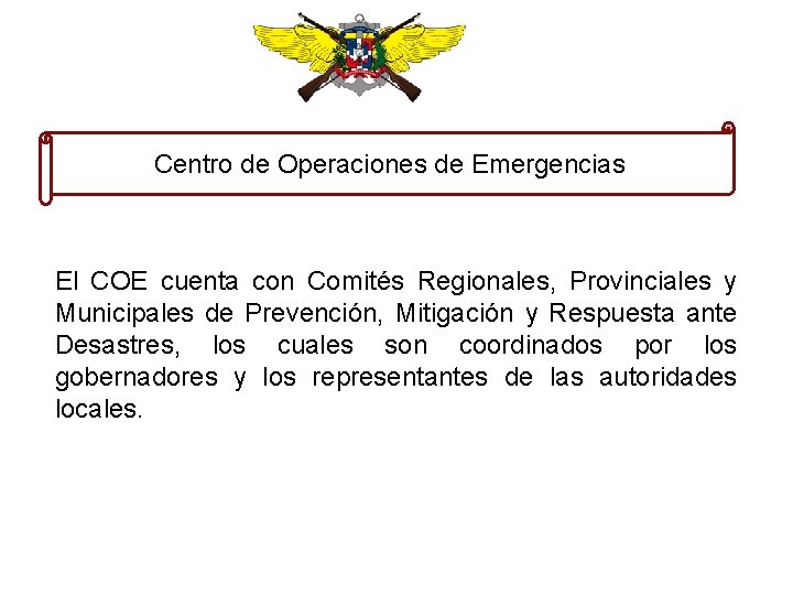 Centro de Operaciones de Emergencias El COE cuenta con Comités Regionales, Provinciales y Municipales