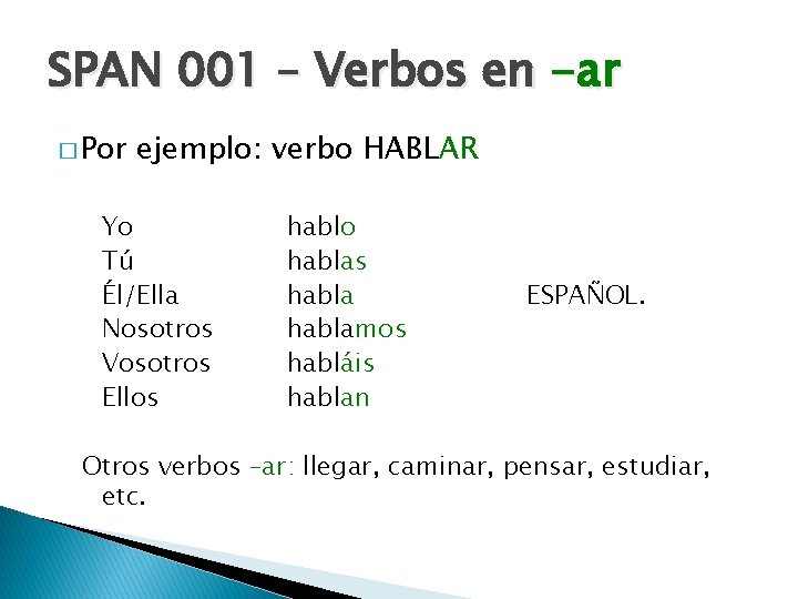 SPAN 001 – Verbos en -ar � Por ejemplo: verbo HABLAR Yo Tú Él/Ella