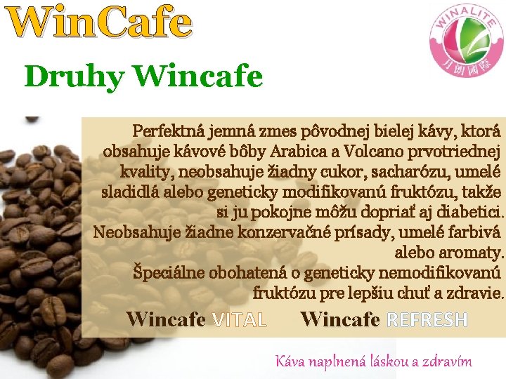 Win. Cafe Druhy Wincafe Perfektná jemná zmes pôvodnej bielej kávy, ktorá obsahuje kávové bôby