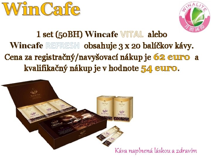 Win. Cafe 1 set (50 BH) Wincafe VITAL alebo Wincafe REFRESH obsahuje 3 x