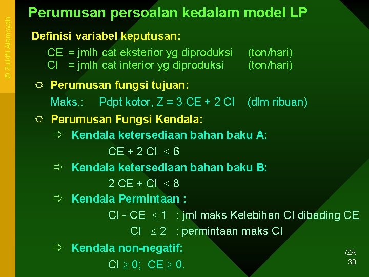 © Zulkifli Alamsyah Perumusan persoalan kedalam model LP Definisi variabel keputusan: CE = jmlh