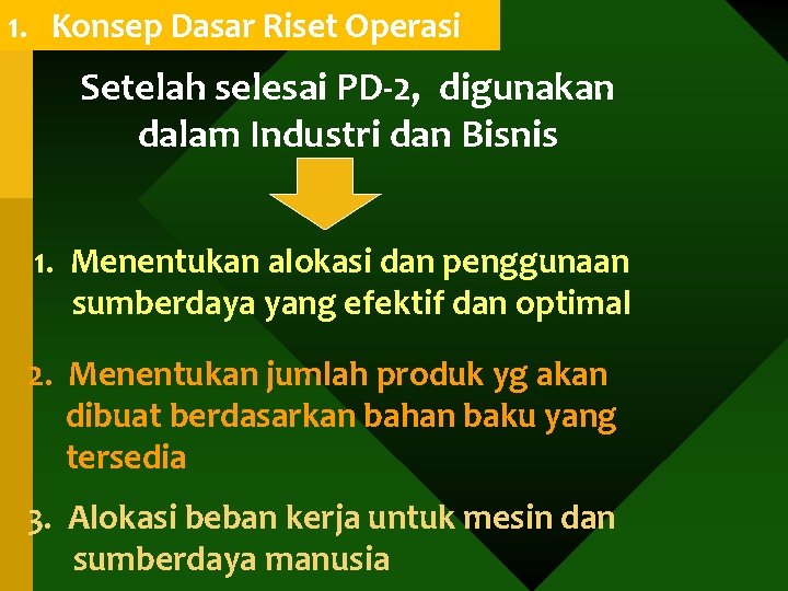 1. Konsep Dasar Riset Operasi Setelah selesai PD-2, digunakan dalam Industri dan Bisnis 1.