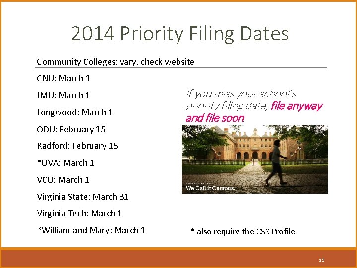 2014 Priority Filing Dates Community Colleges: vary, check website CNU: March 1 If you