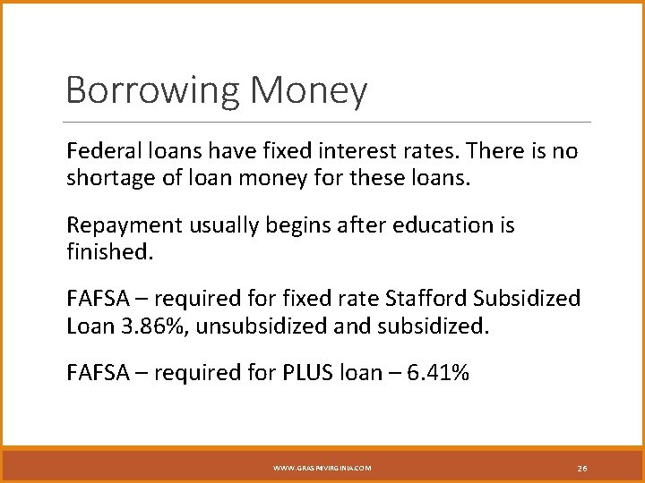 Borrowing Money Federal loans have fixed interest rates. There is no shortage of loan